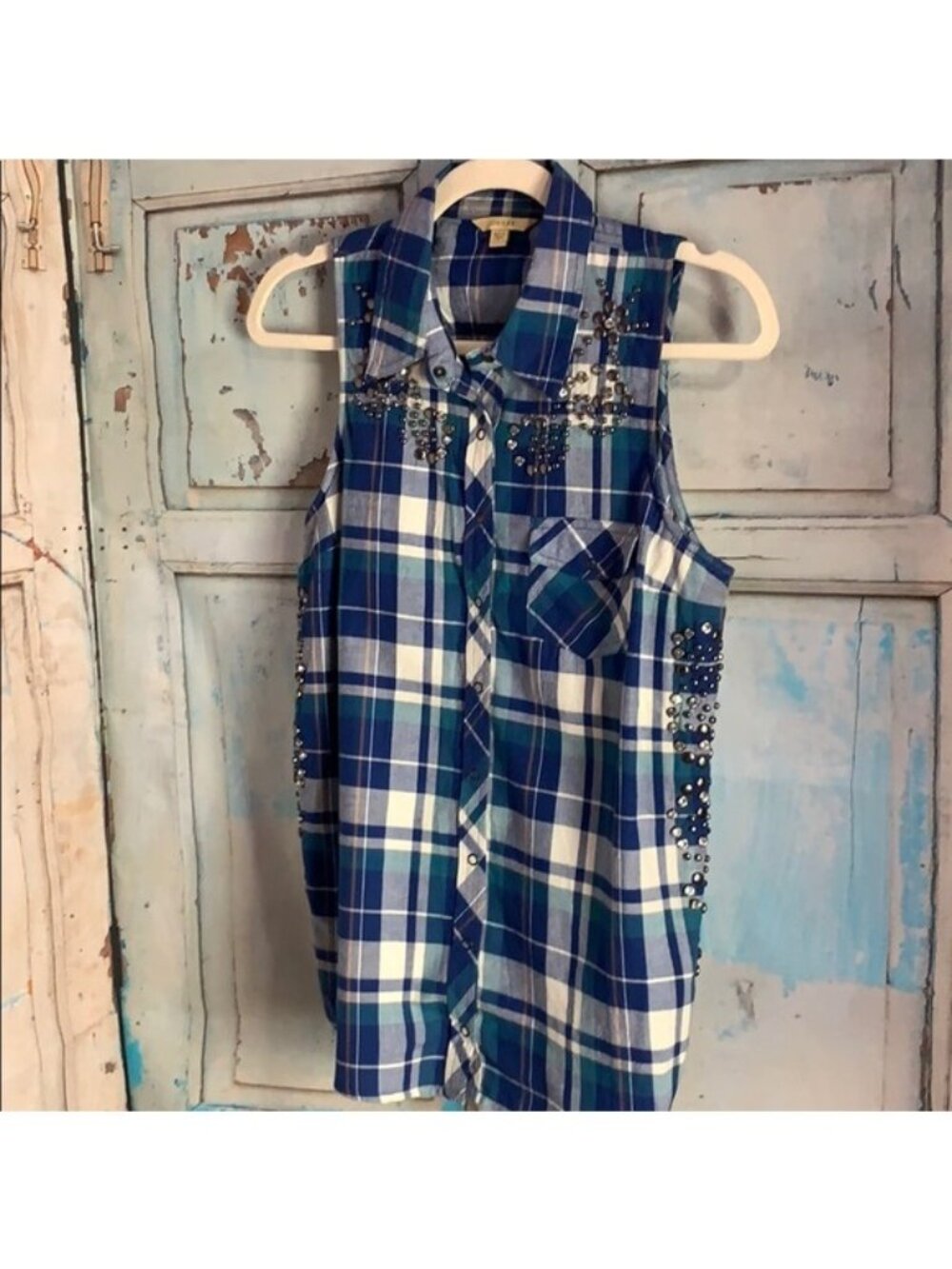 Guess Blue Plaid Sleeveless Button-Up Shirt With Rhinestone Details Size S